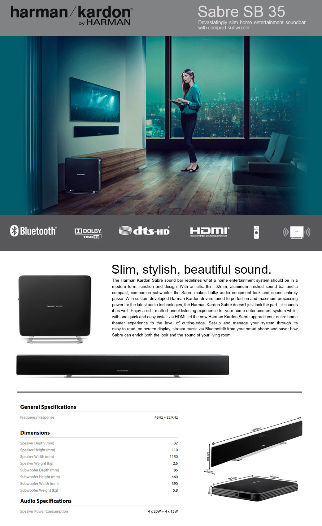 Harman Kardon Sabre 35 Devastatingly Slim Home Entertainment Soundbar With Compact Subwoofer