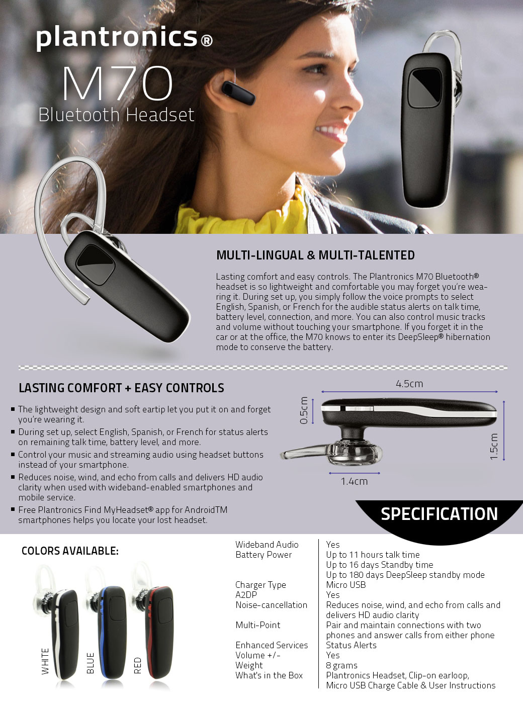 Feat Een centrale tool die een belangrijke rol speelt Encommium Plantronics M70 Light Weight Bluetooth Headset With Language Option / Power  Saving / Multipoint Connectivity